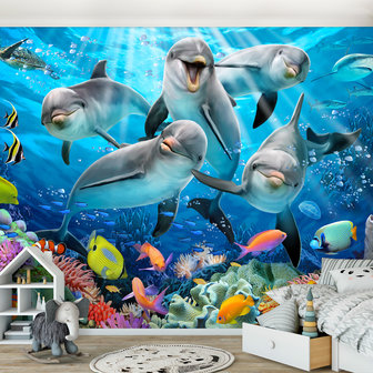 Dolfijnen familie behang XXXL - 368 x 254 cm - Levering binnen 4-6 dagen
