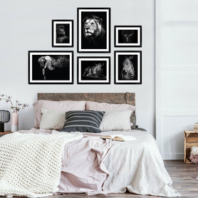 Ingelijste zwart-wit Posters Safari Dieren – set van 6 posters in lijst