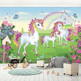 Unicorn behang XXXL - Kasteel & bloemen (368 x 254 cm) - VLIESBEHANG - Levering binnen 4-6 dagen - 